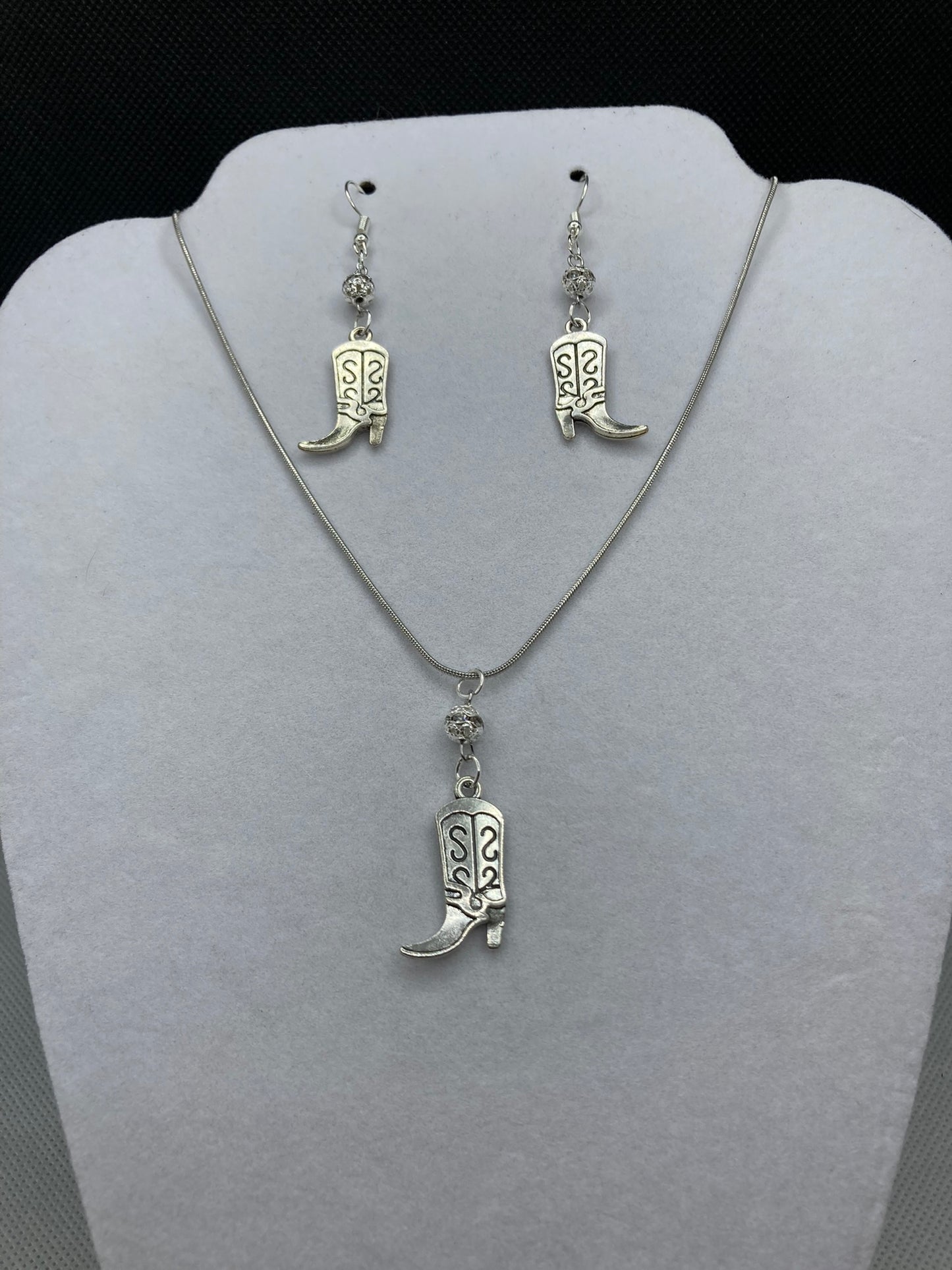 Cowboy Boots Silver Plated Western Flair Jewelry Set for Pierced Ears with Bling Bead Trim