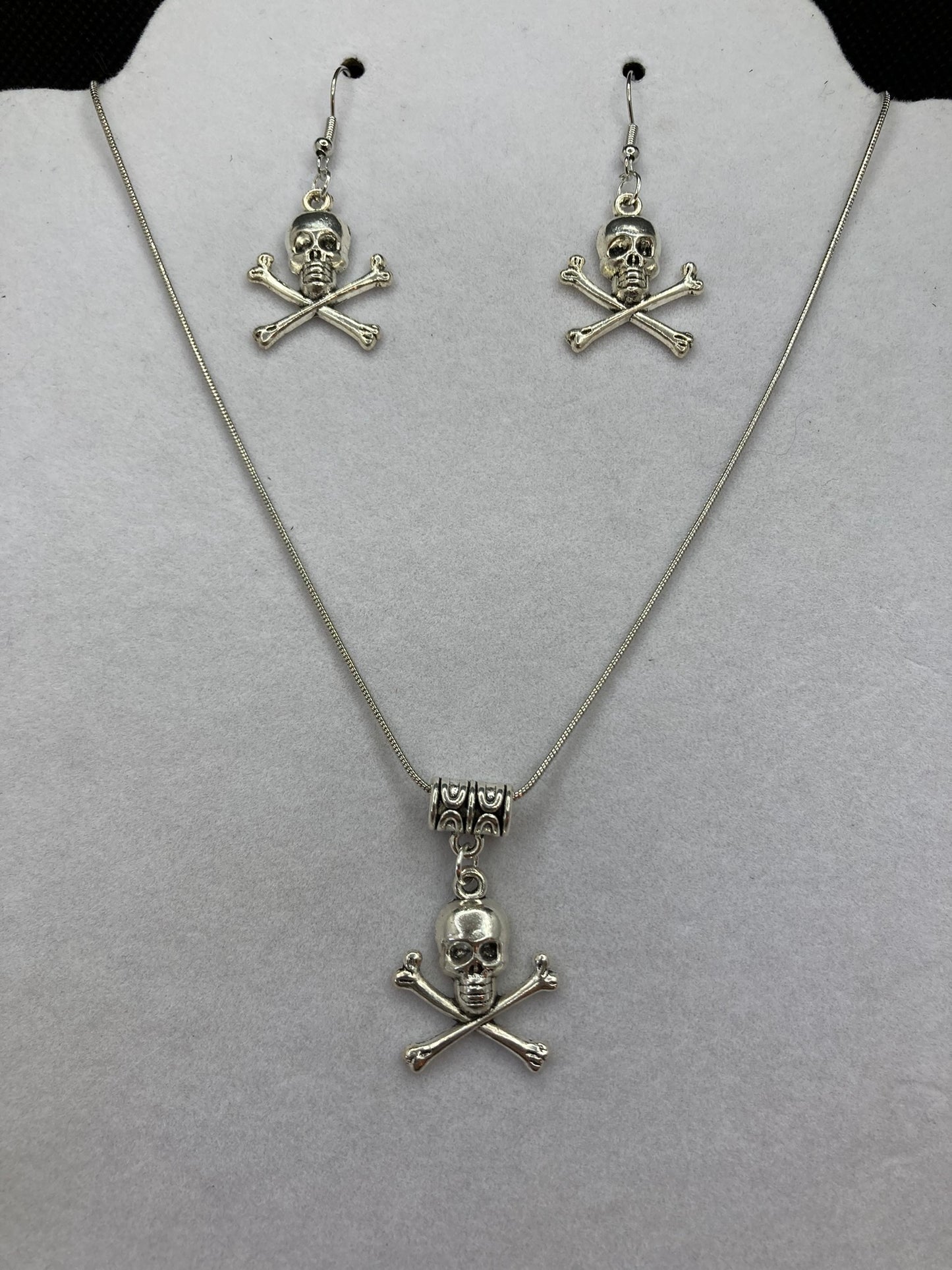 Skull and Crossbones Silver Tome Necklace and Pierced Earring Set