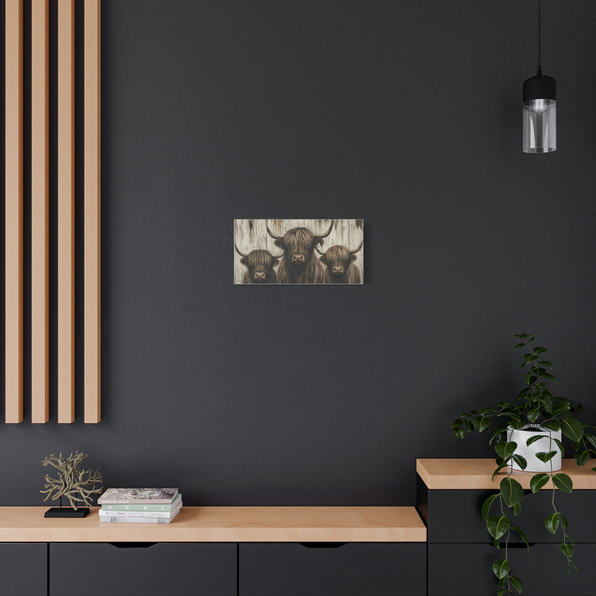 Highland Cow Trio Matte Stretched Canvas Wall Art — Rustic Farmhouse Animal Print