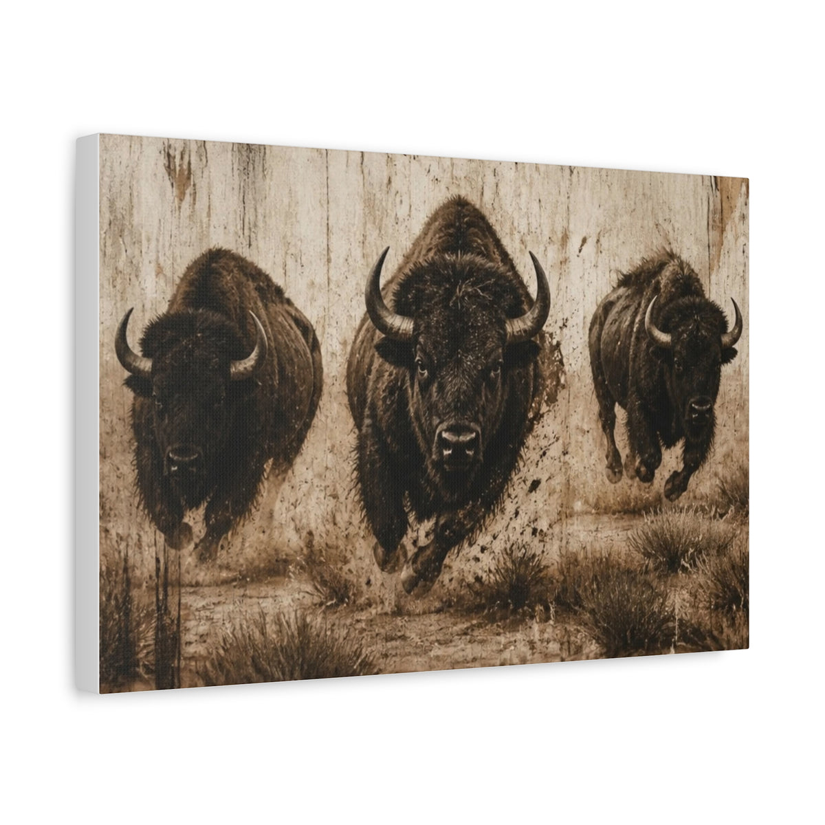 Running Bison Canvas Wall Art – Rustic Sepia Buffalo Trio Stretched Matte