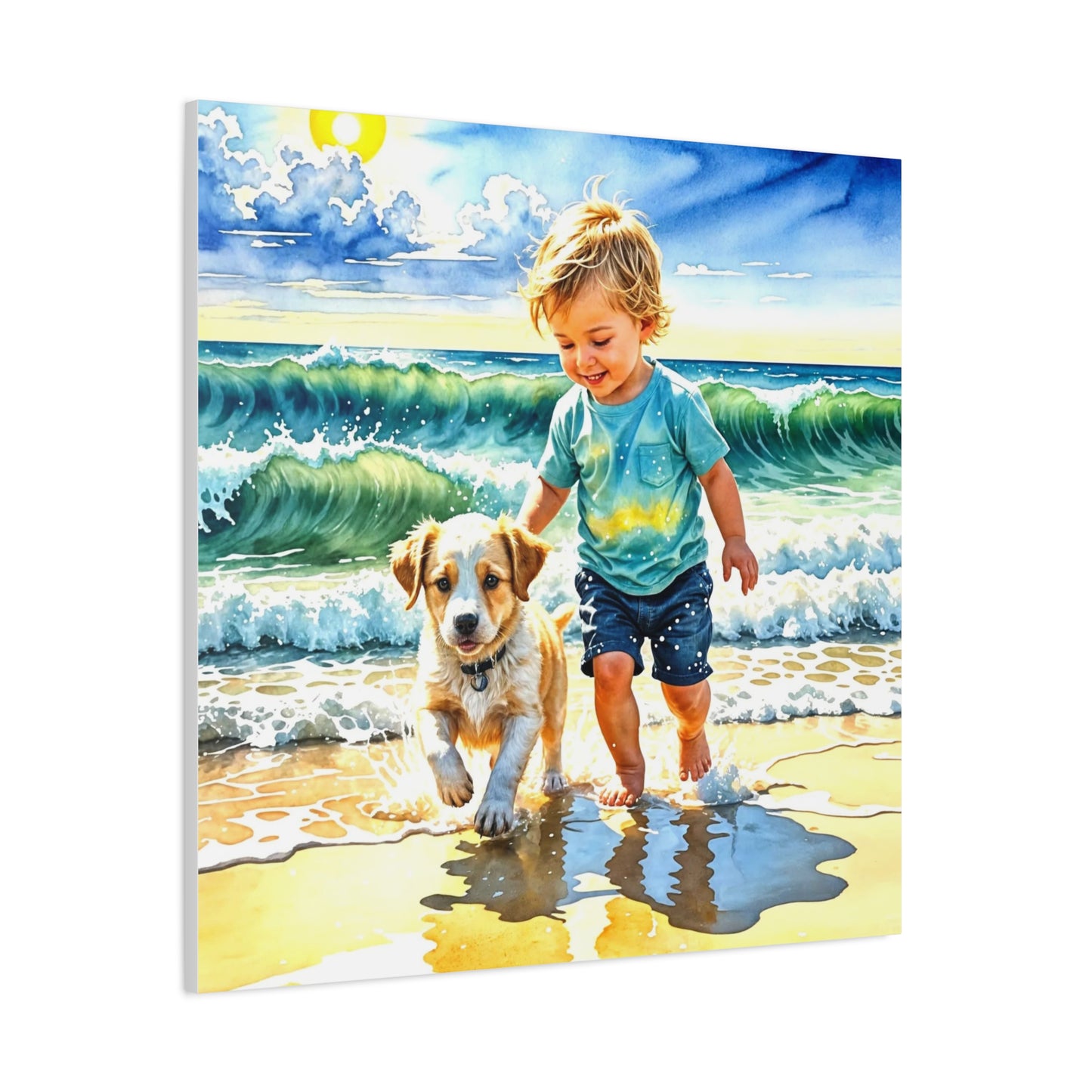 Little Boy at the Beach w his Dog Canvas Art - Children's Room Art