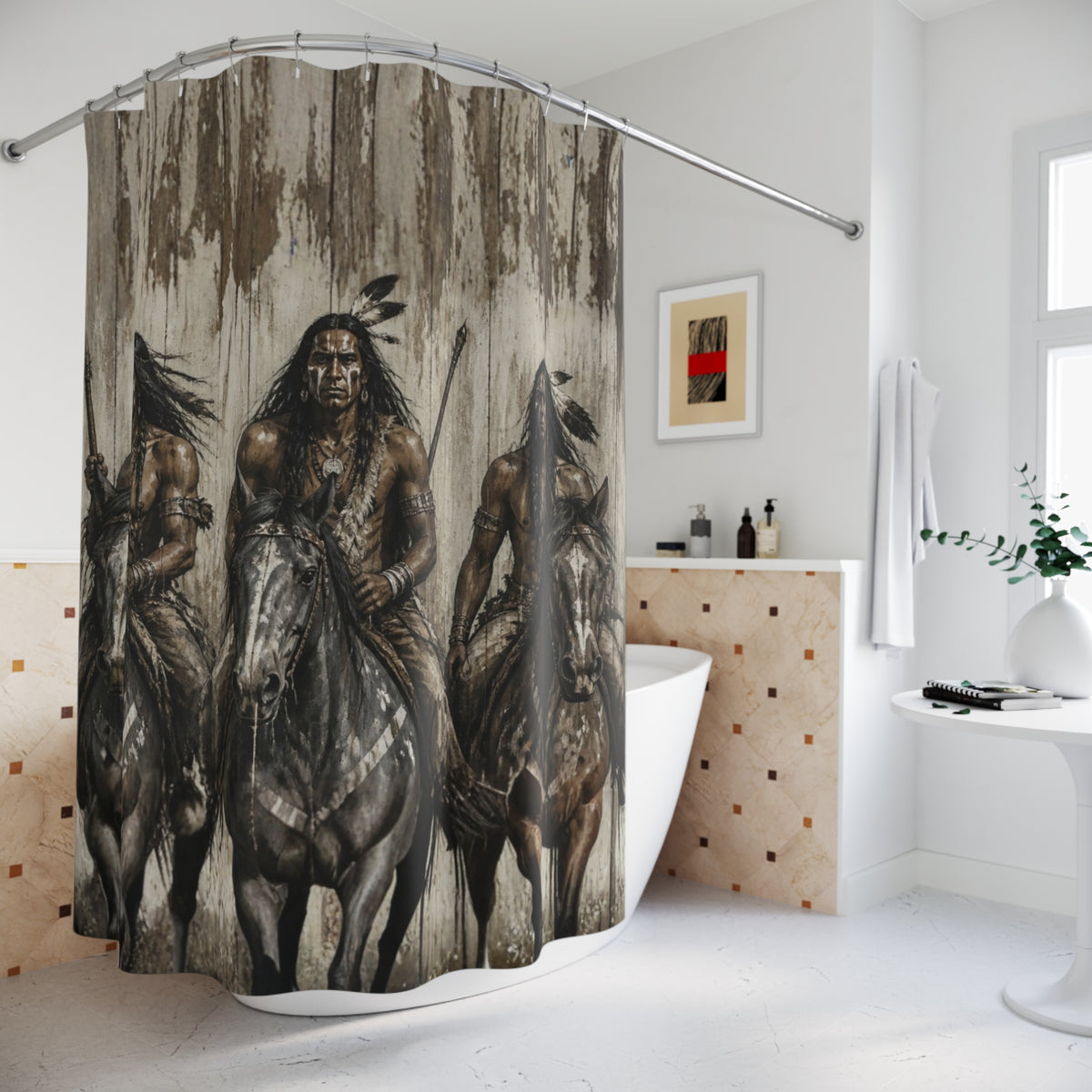 Native Warrior Shower Curtain – Rustic Tribal Horsemen Bathroom Decor