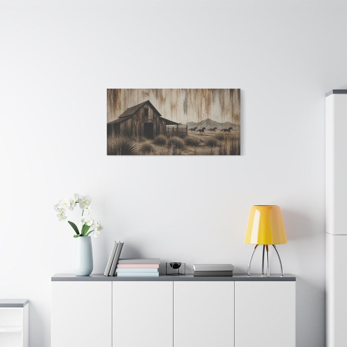 Rustic Western Barn Canvas Wall Art — Vintage Desert Horses Matte Stretched Canvas