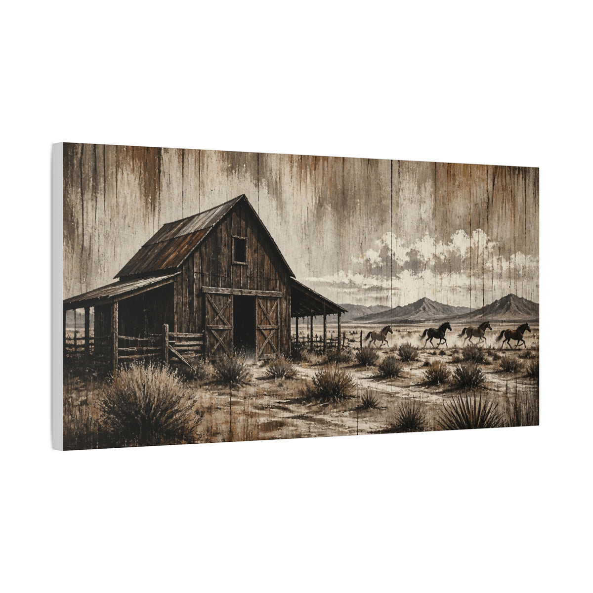 Rustic Western Barn Canvas Wall Art — Vintage Desert Horses Matte Stretched Canvas
