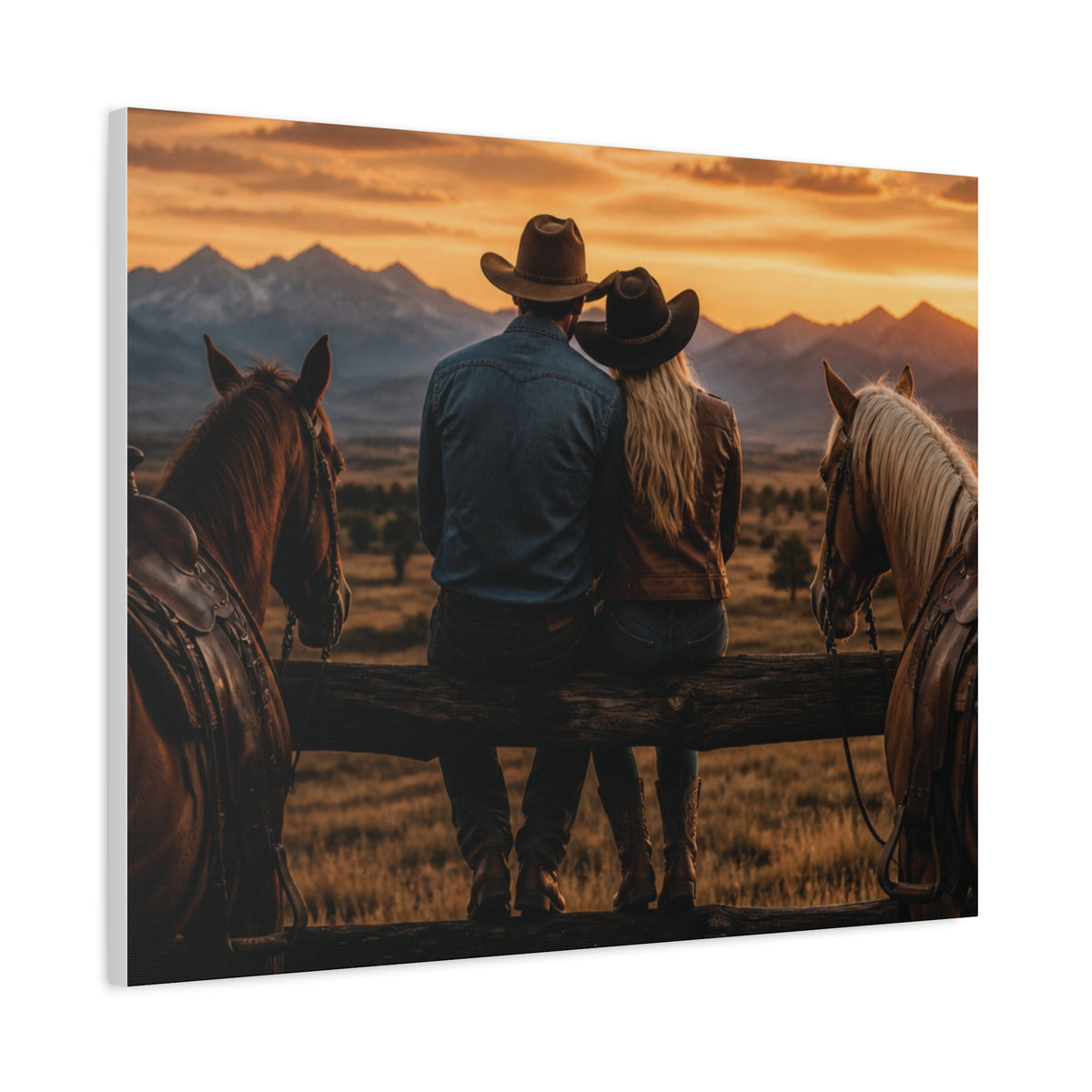 Western Cowboy Couple Sunset Canvas