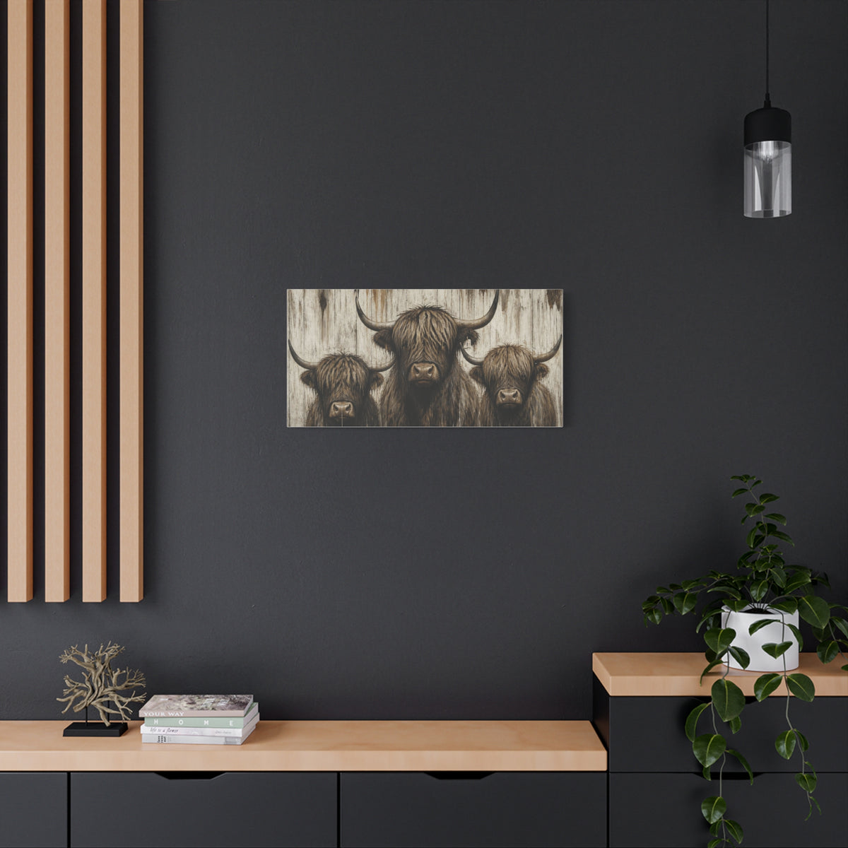 Highland Cow Trio Matte Stretched Canvas Wall Art — Rustic Farmhouse Animal Print