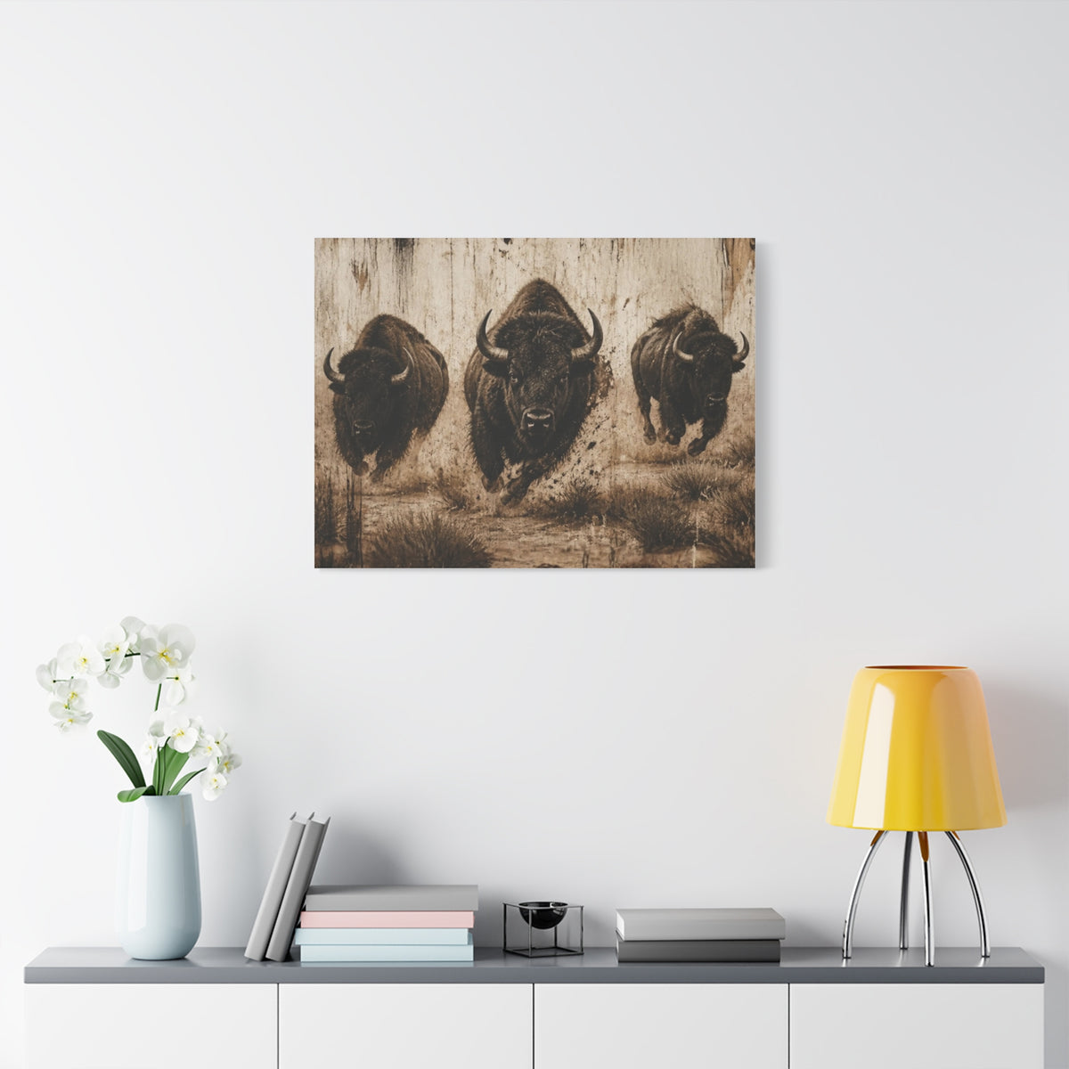 Running Bison Canvas Wall Art – Rustic Sepia Buffalo Trio Stretched Matte
