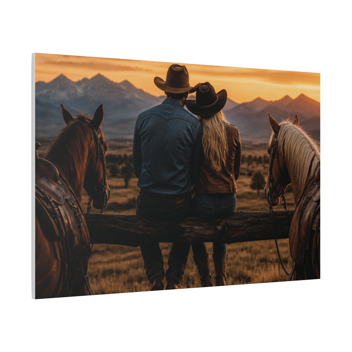 Western Cowboy Couple Sunset Canvas