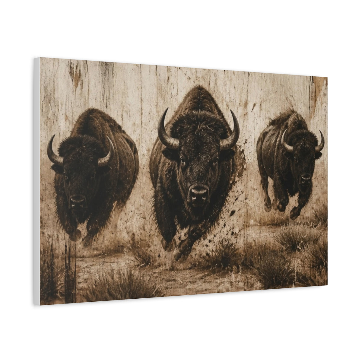 Running Bison Canvas Wall Art – Rustic Sepia Buffalo Trio Stretched Matte