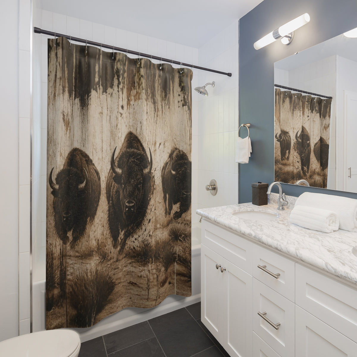 Bison Stampede Shower Curtain — Rustic Western Buffalo Bathroom Decor