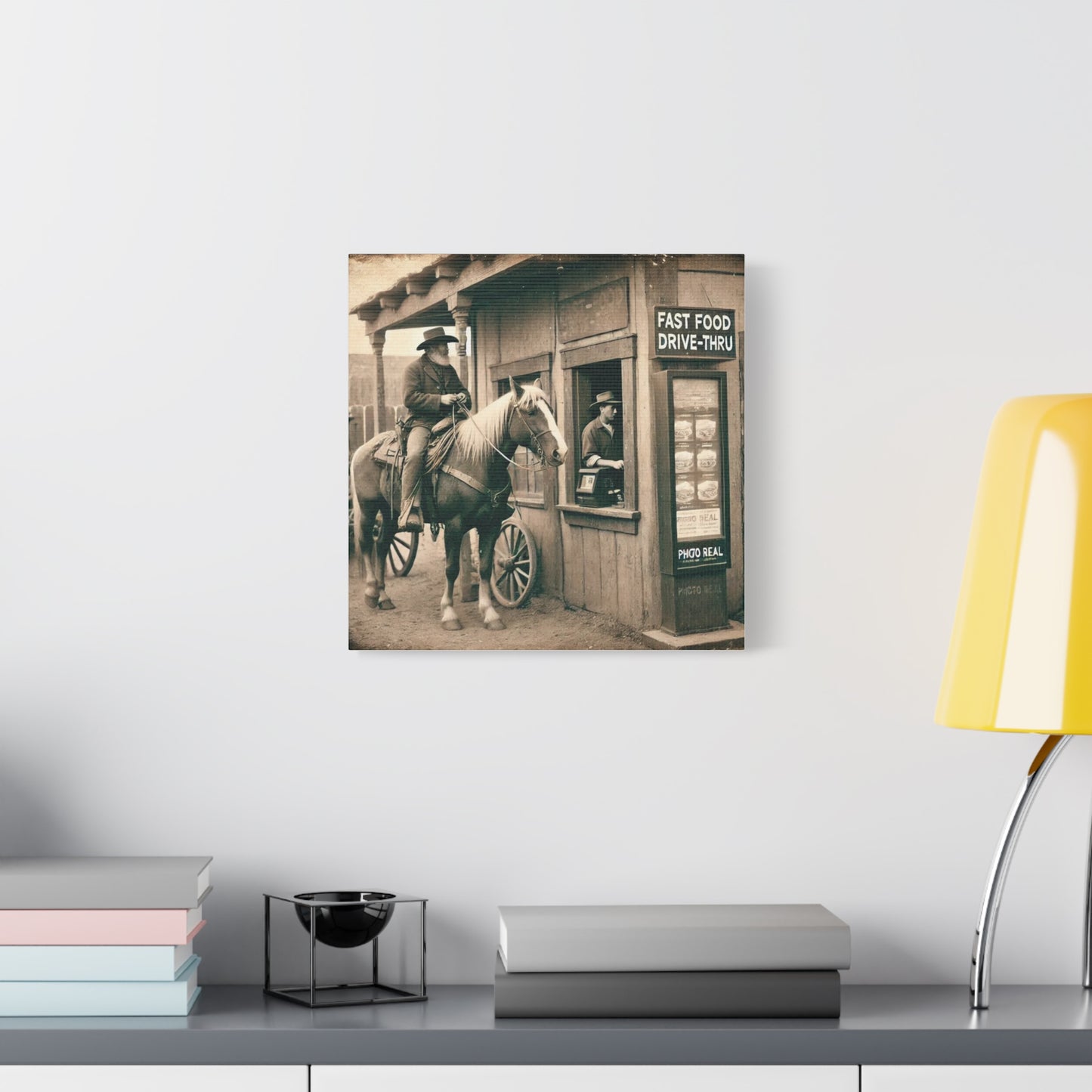Old West Cowboy in Fast Food Drive Through Antique Art