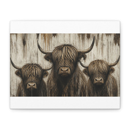 Highland Cow Trio Matte Stretched Canvas Wall Art — Rustic Farmhouse Animal Print