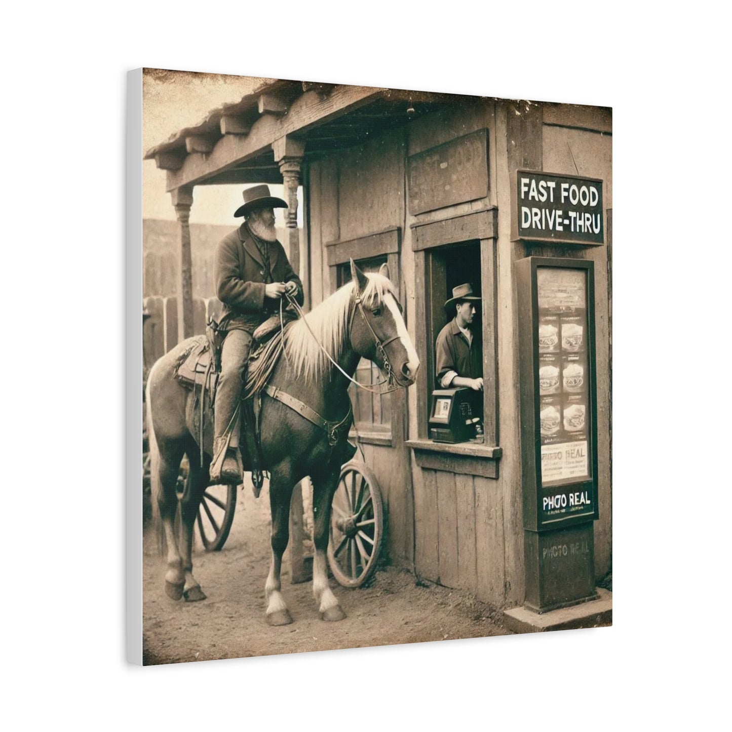Old West Cowboy in Fast Food Drive Through Antique Art