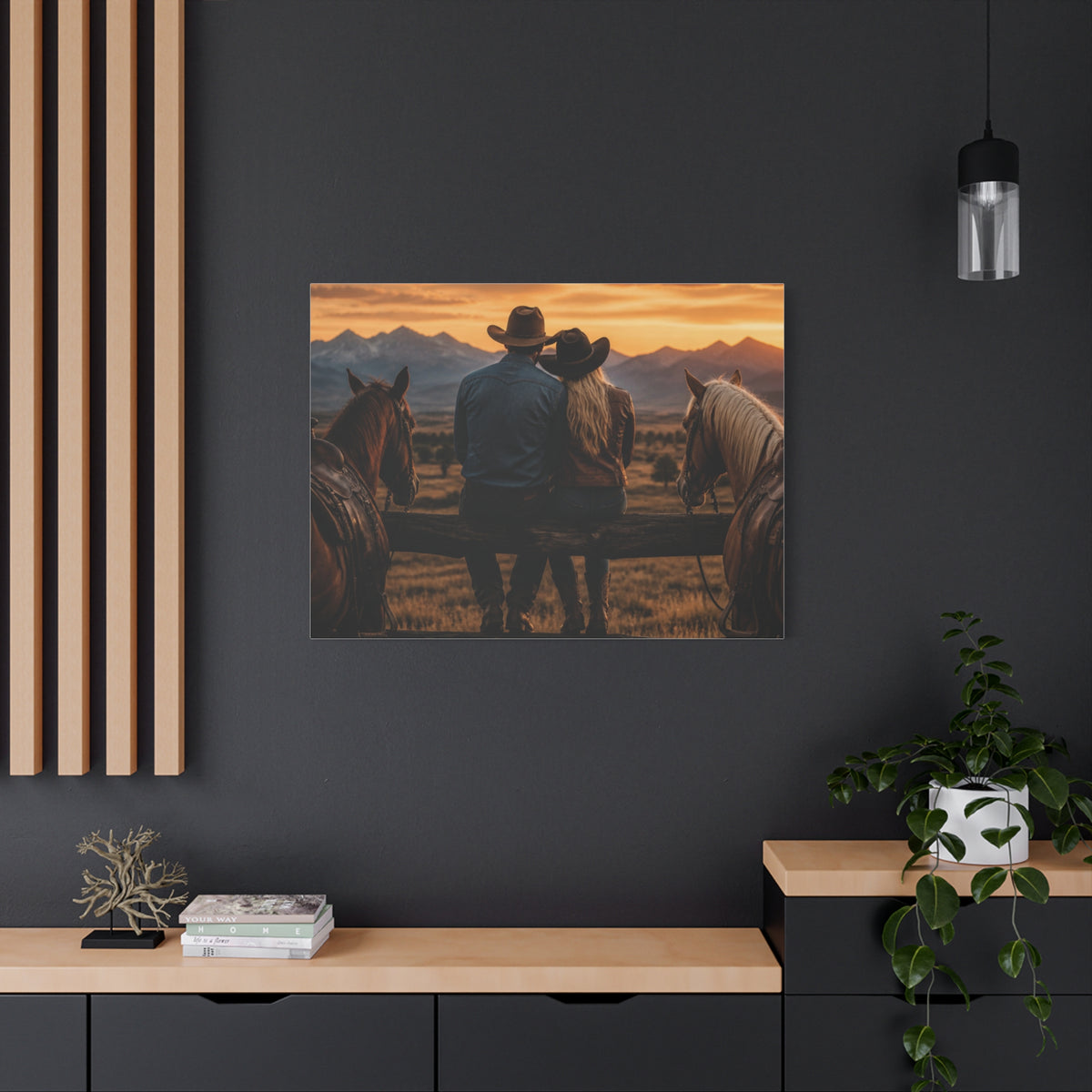 Western Cowboy Couple Sunset Canvas