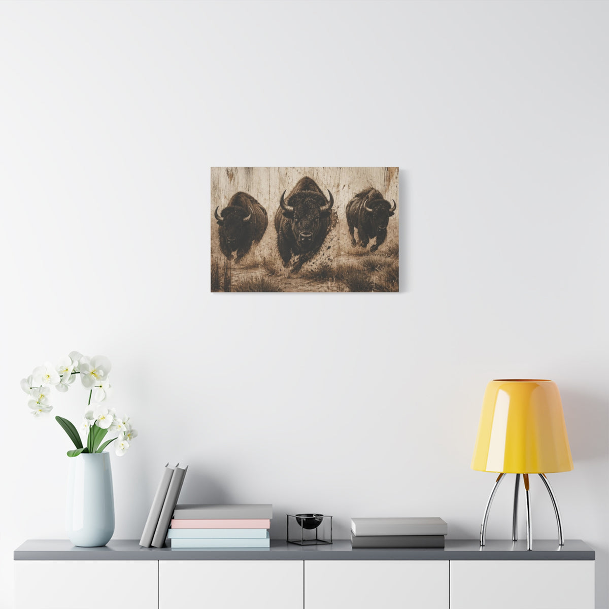 Running Bison Canvas Wall Art – Rustic Sepia Buffalo Trio Stretched Matte