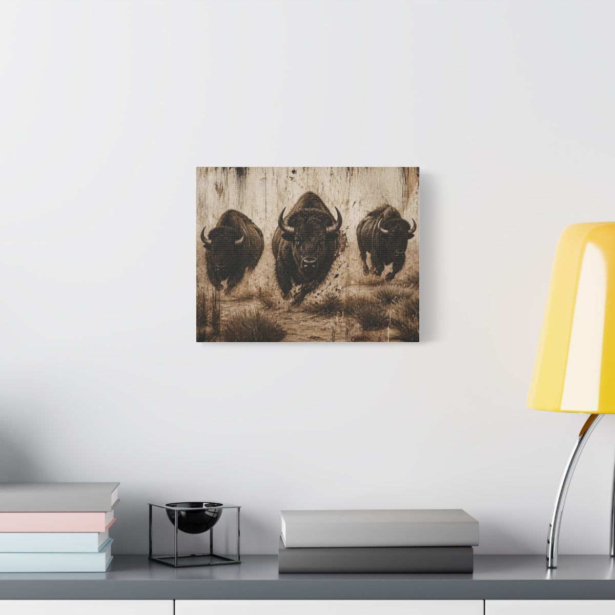 Running Bison Canvas Wall Art – Rustic Sepia Buffalo Trio Stretched Matte