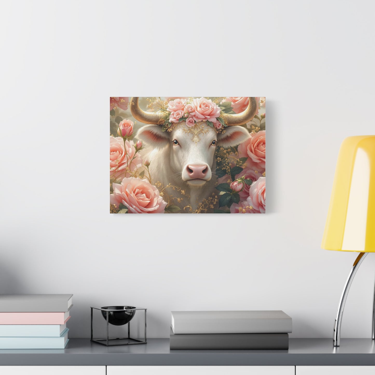 Canvas Print - Pink Rose Cow Picture