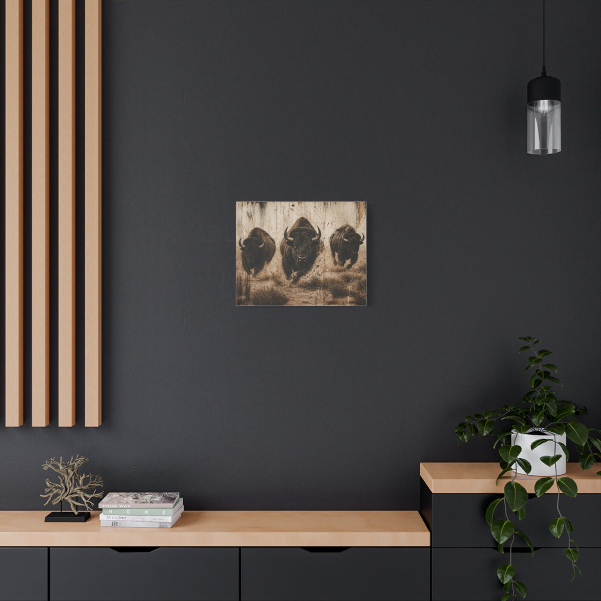 Running Bison Canvas Wall Art – Rustic Sepia Buffalo Trio Stretched Matte