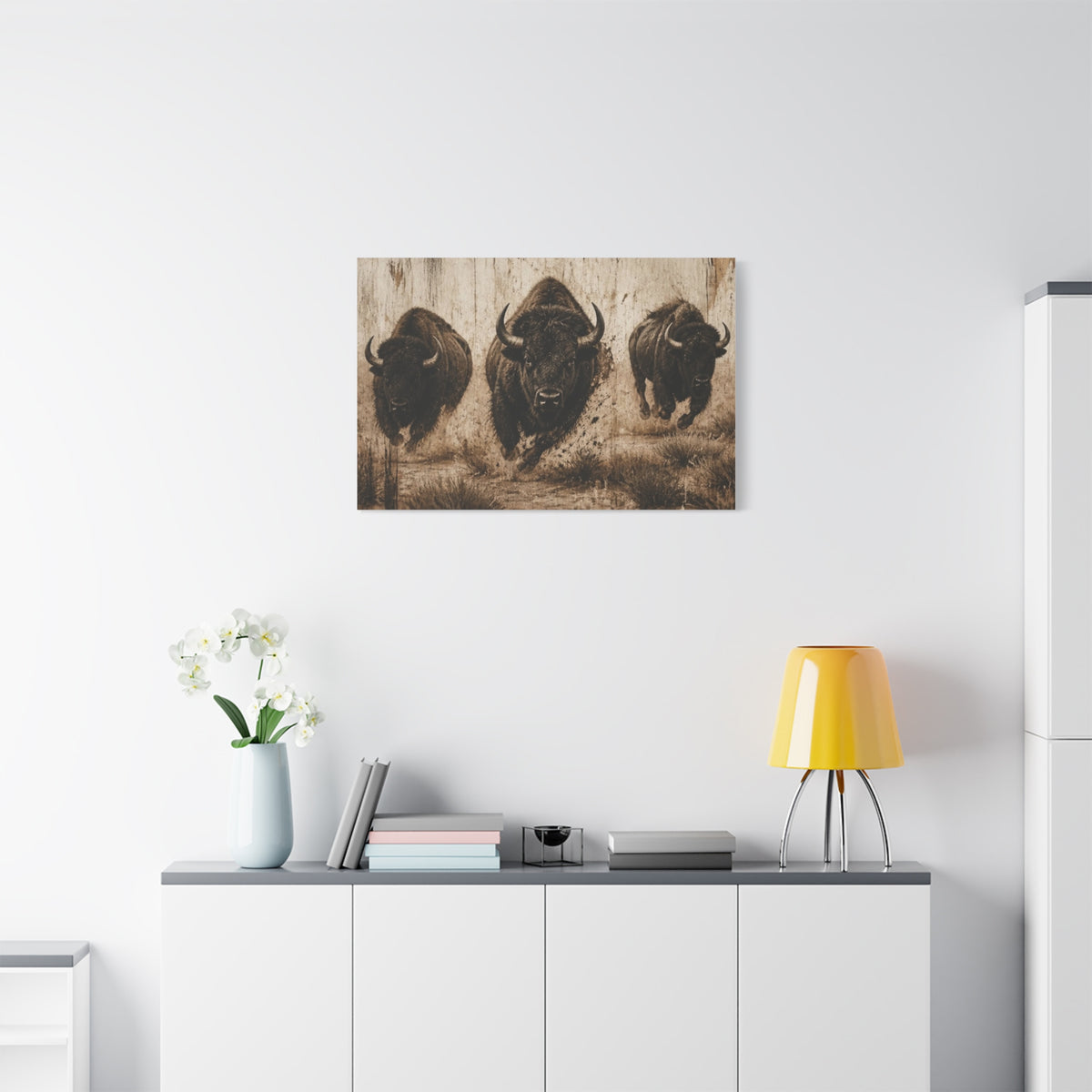 Running Bison Canvas Wall Art – Rustic Sepia Buffalo Trio Stretched Matte