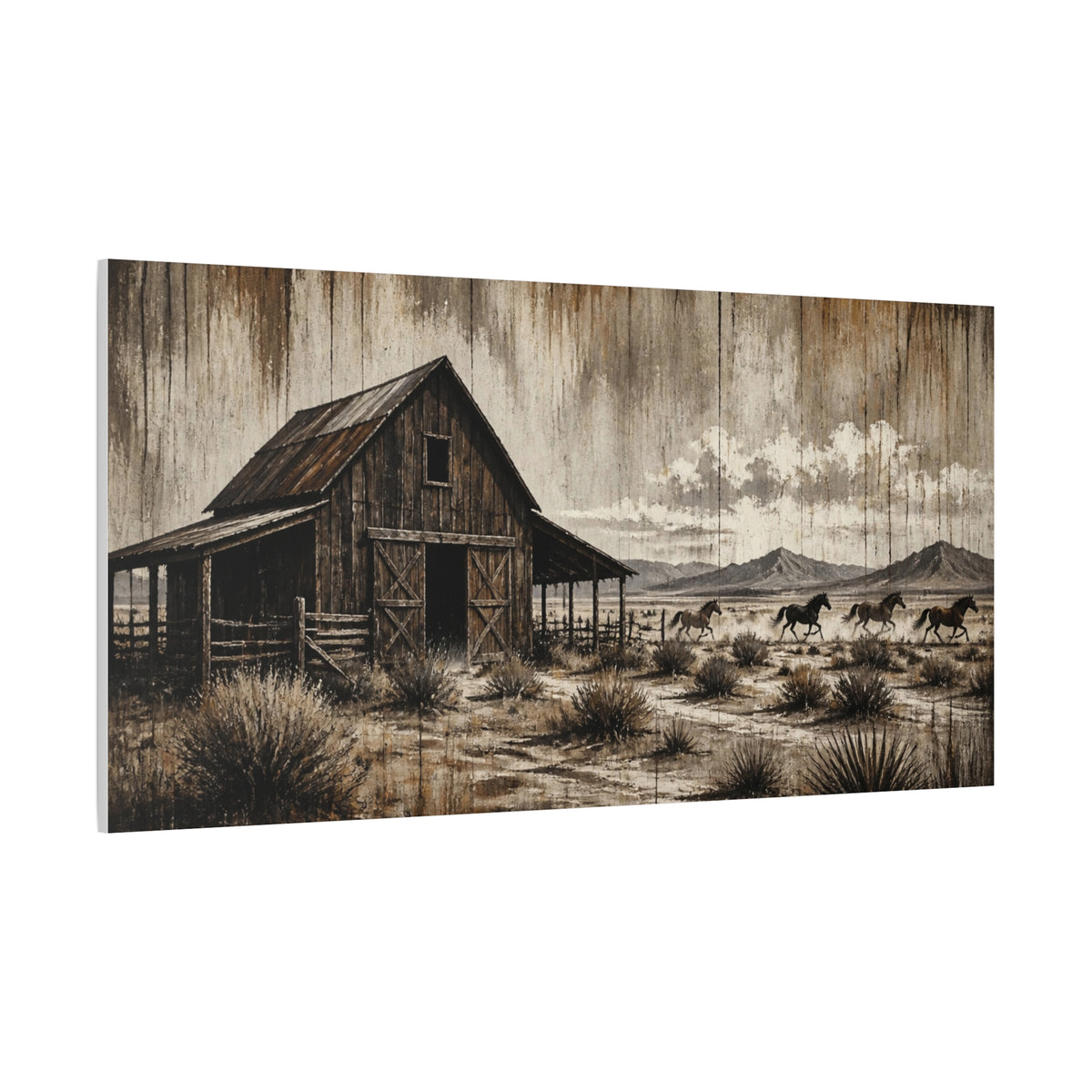 Rustic Western Barn Canvas Wall Art — Vintage Desert Horses Matte Stretched Canvas
