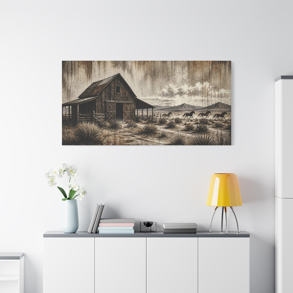 Rustic Western Barn Canvas Wall Art — Vintage Desert Horses Matte Stretched Canvas
