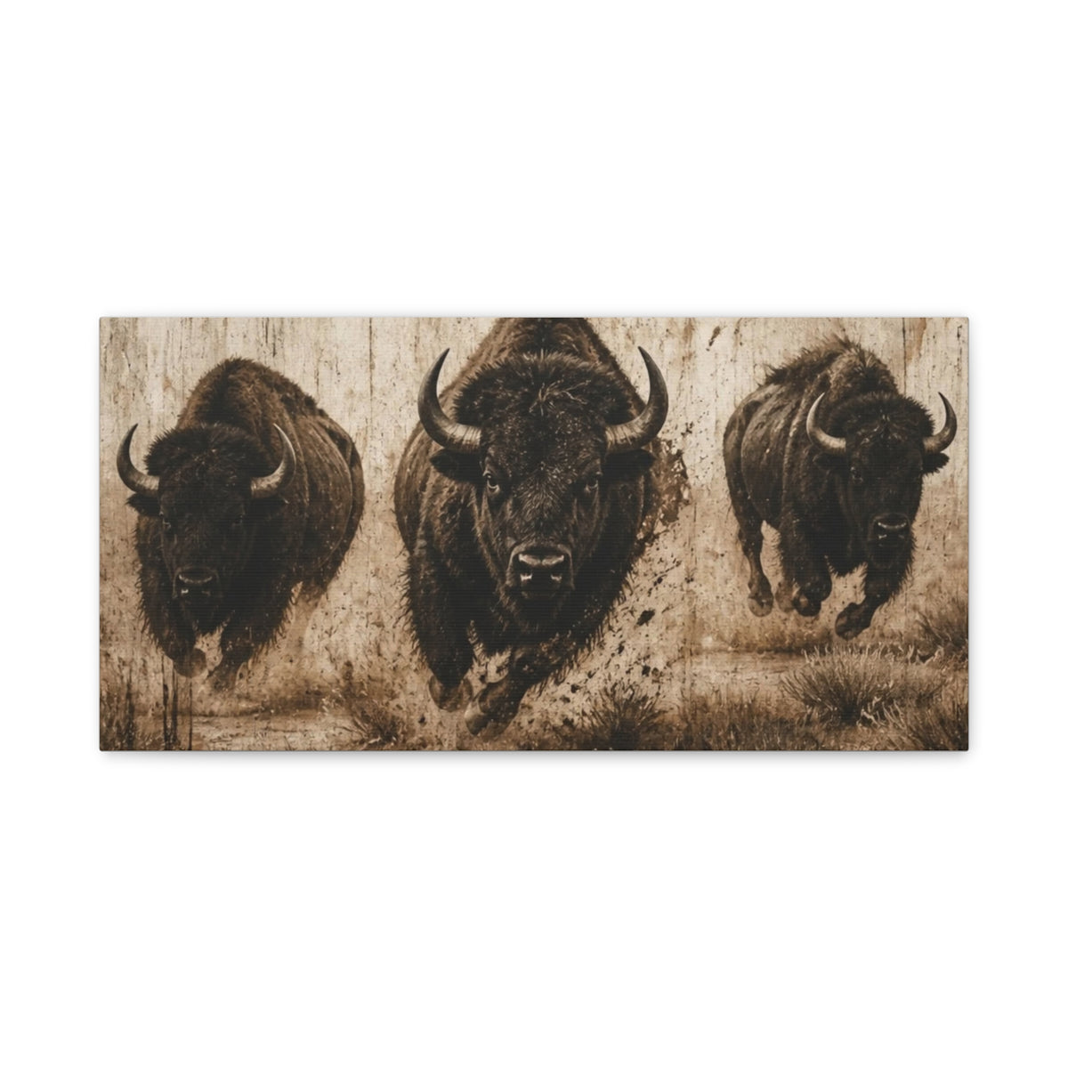 Running Bison Canvas Wall Art – Rustic Sepia Buffalo Trio Stretched Matte