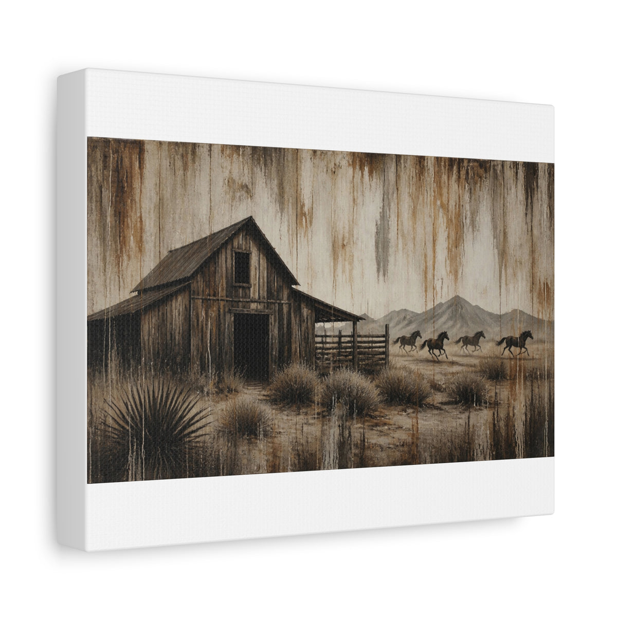 Rustic Western Barn Canvas Wall Art — Vintage Desert Horses Matte Stretched Canvas