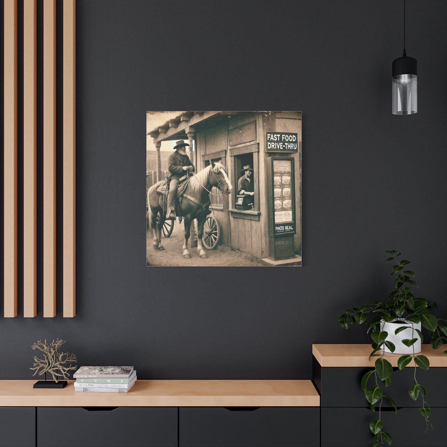 Old West Cowboy in Fast Food Drive Through Antique Art