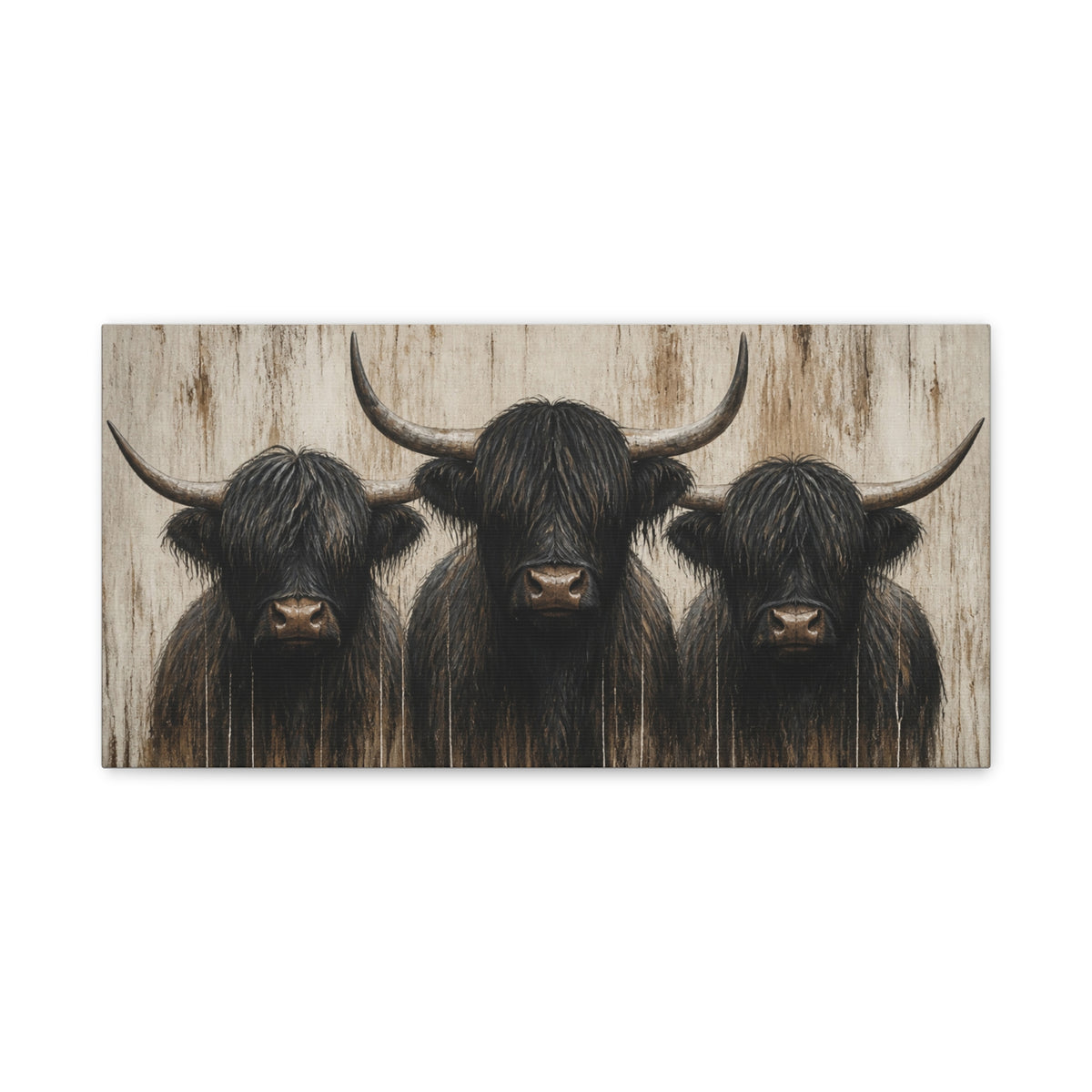 Highland Cow Trio Matte Stretched Canvas Wall Art — Rustic Farmhouse Animal Print