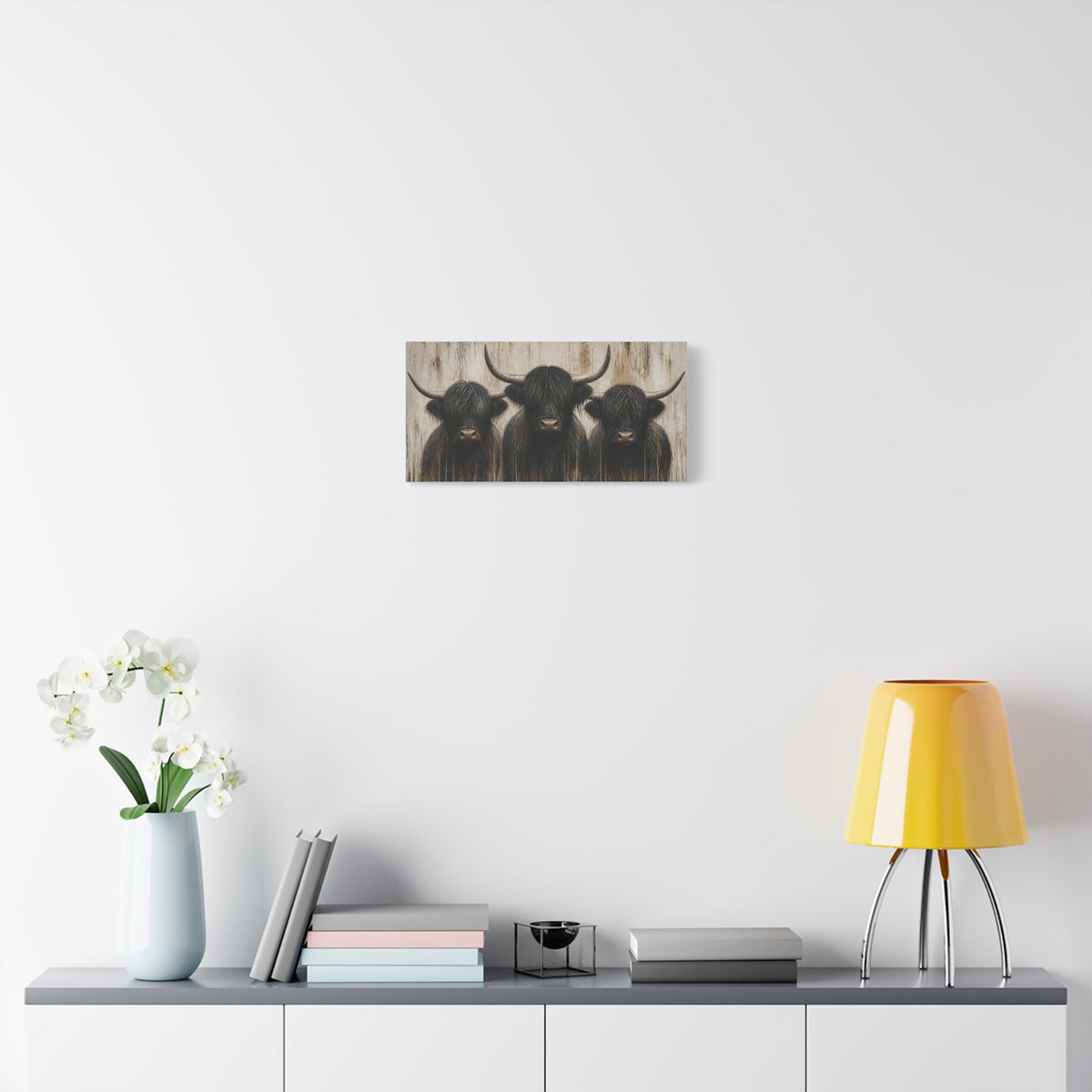 Highland Cow Trio Matte Stretched Canvas Wall Art — Rustic Farmhouse Animal Print