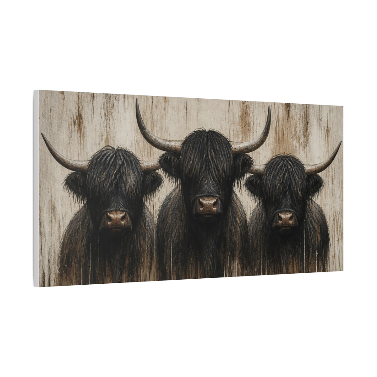 Highland Cow Trio Matte Stretched Canvas Wall Art — Rustic Farmhouse Animal Print