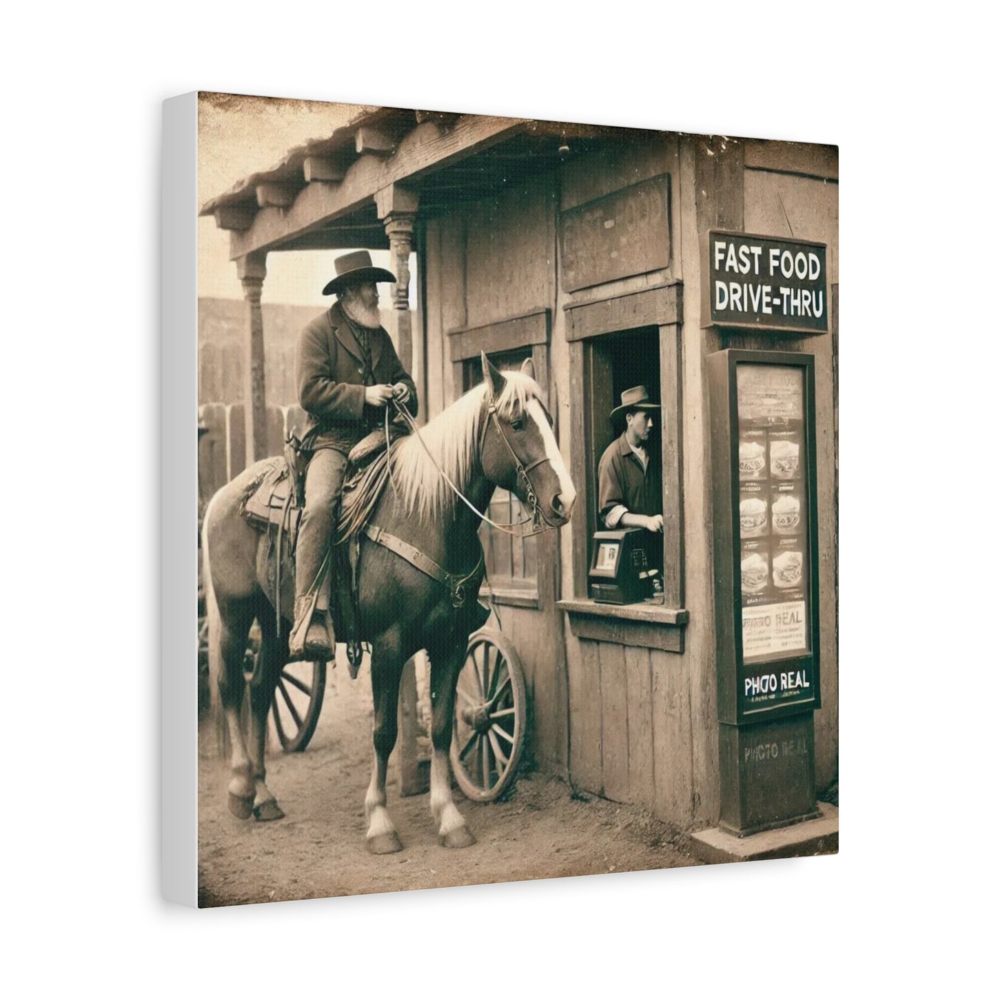 Old West Cowboy in Fast Food Drive Through Antique Art