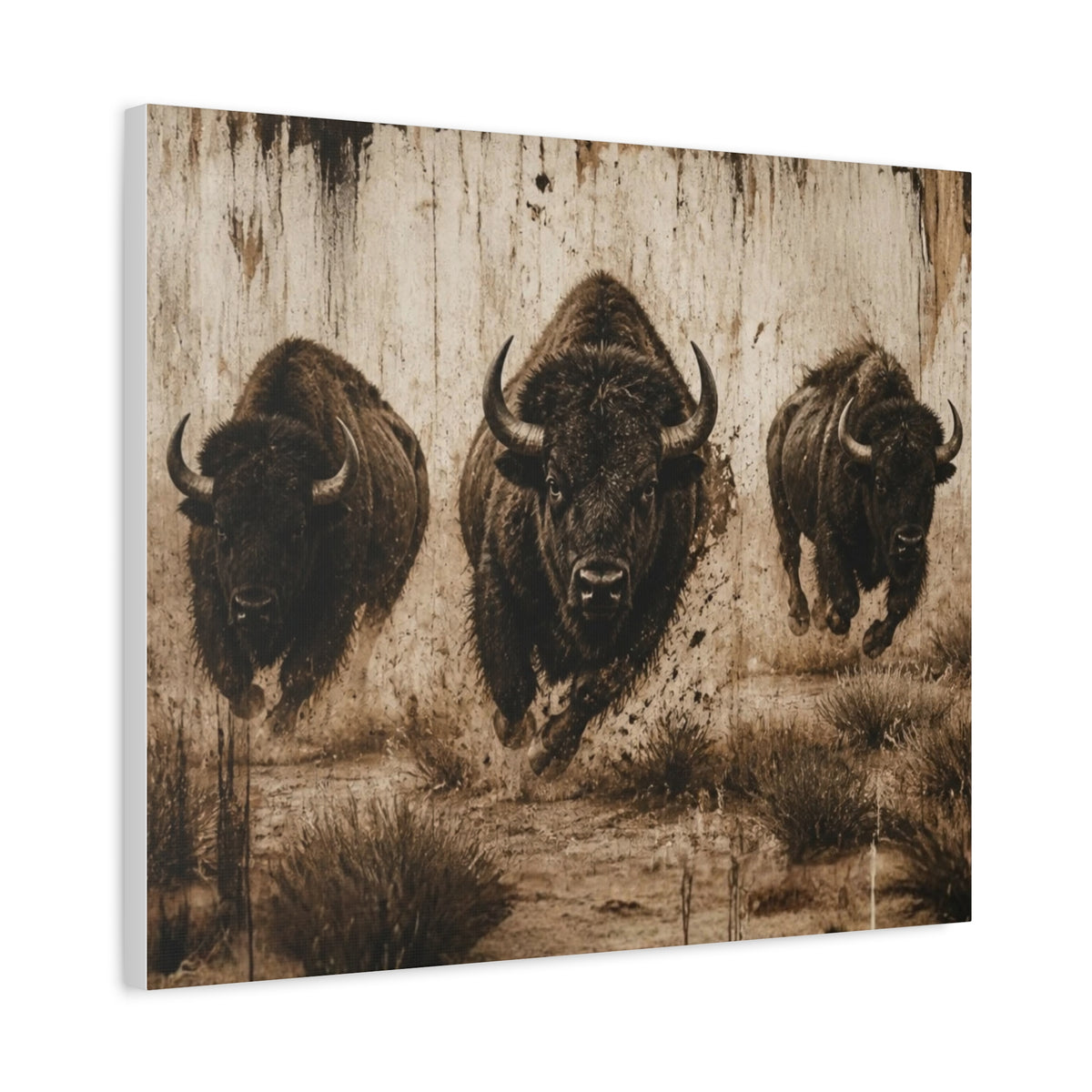 Running Bison Canvas Wall Art – Rustic Sepia Buffalo Trio Stretched Matte