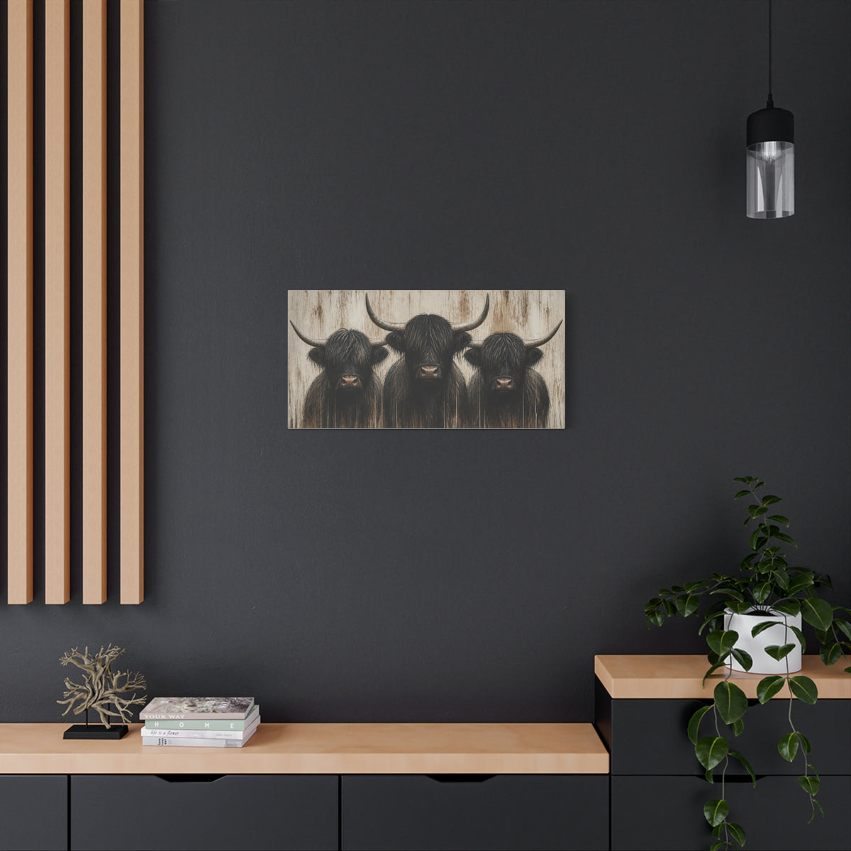 Highland Cow Trio Matte Stretched Canvas Wall Art — Rustic Farmhouse Animal Print