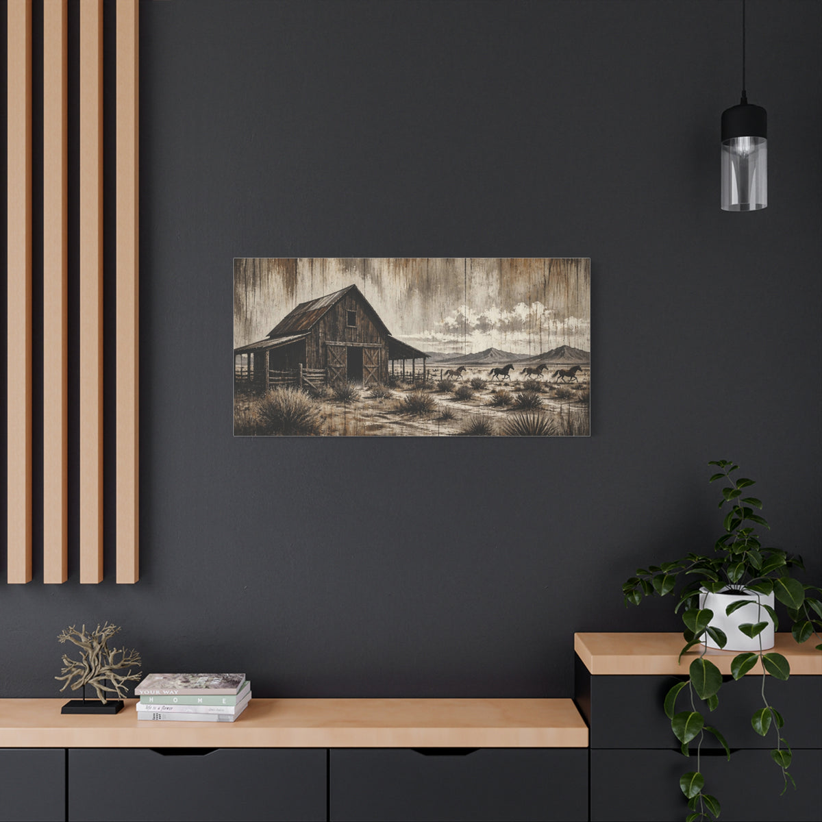Rustic Western Barn Canvas Wall Art — Vintage Desert Horses Matte Stretched Canvas