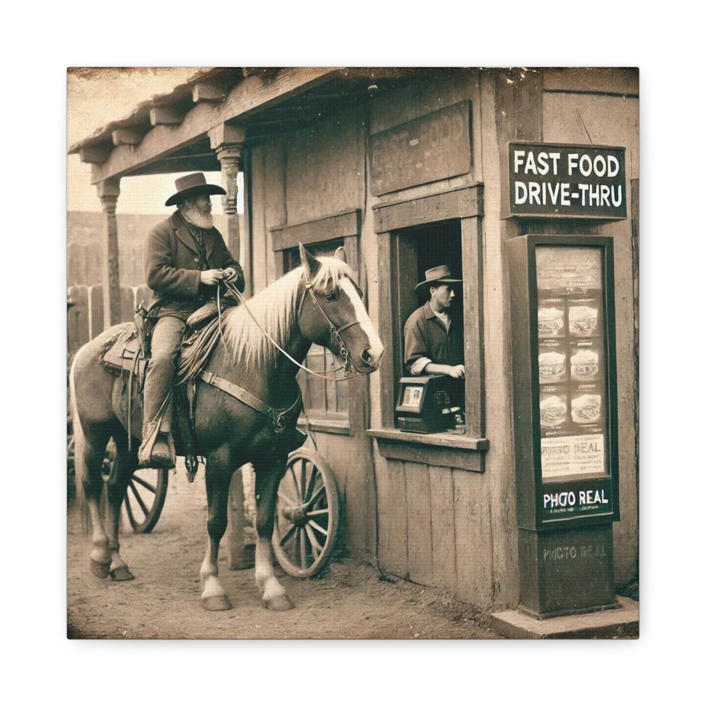 Old West Cowboy in Fast Food Drive Through Antique Art