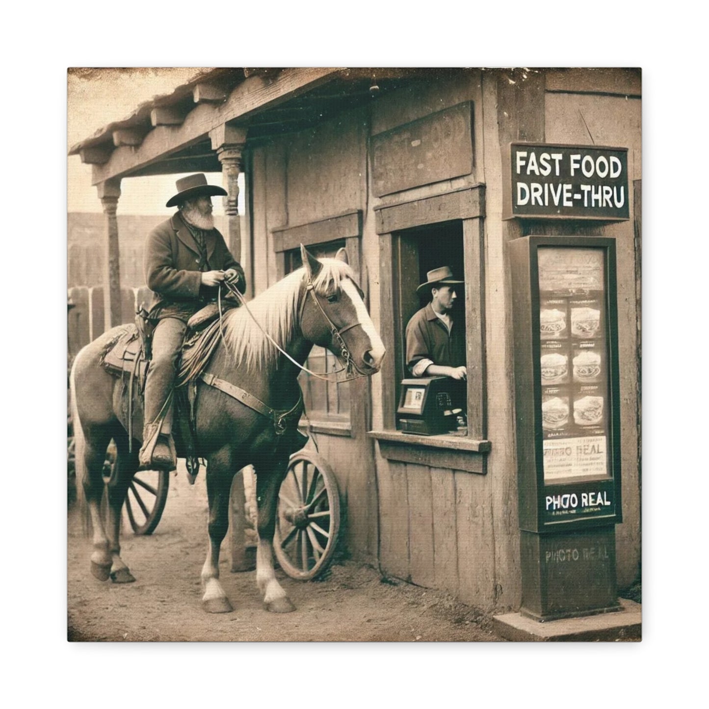 Old West Cowboy in Fast Food Drive Through Antique Art
