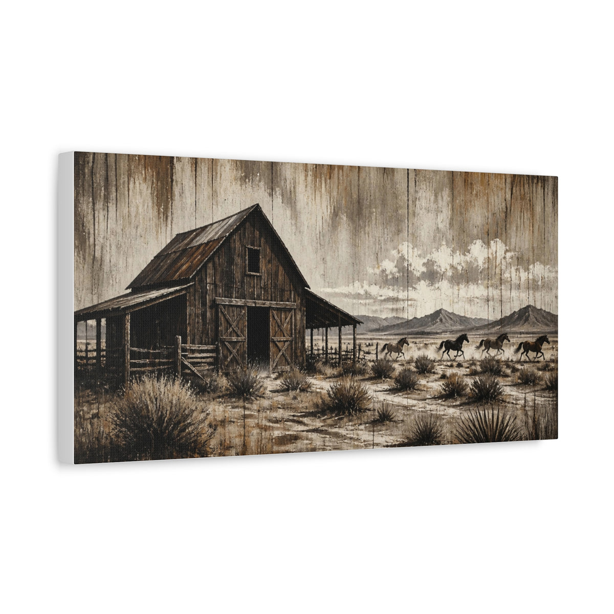 Rustic Western Barn Canvas Wall Art — Vintage Desert Horses Matte Stretched Canvas