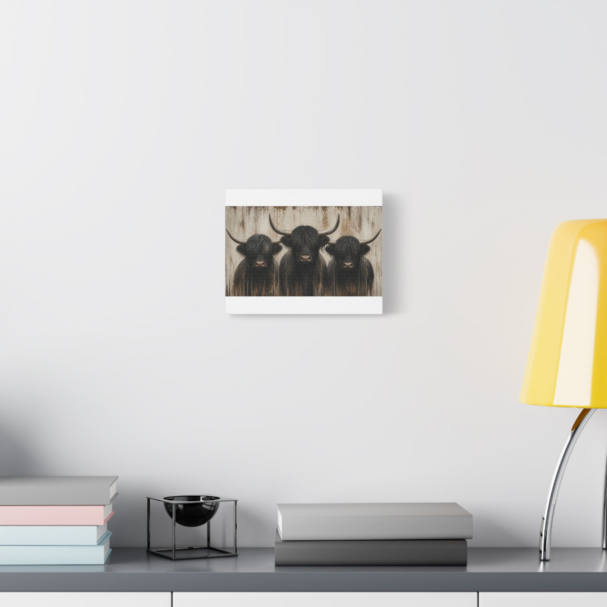 Highland Cow Trio Matte Stretched Canvas Wall Art — Rustic Farmhouse Animal Print