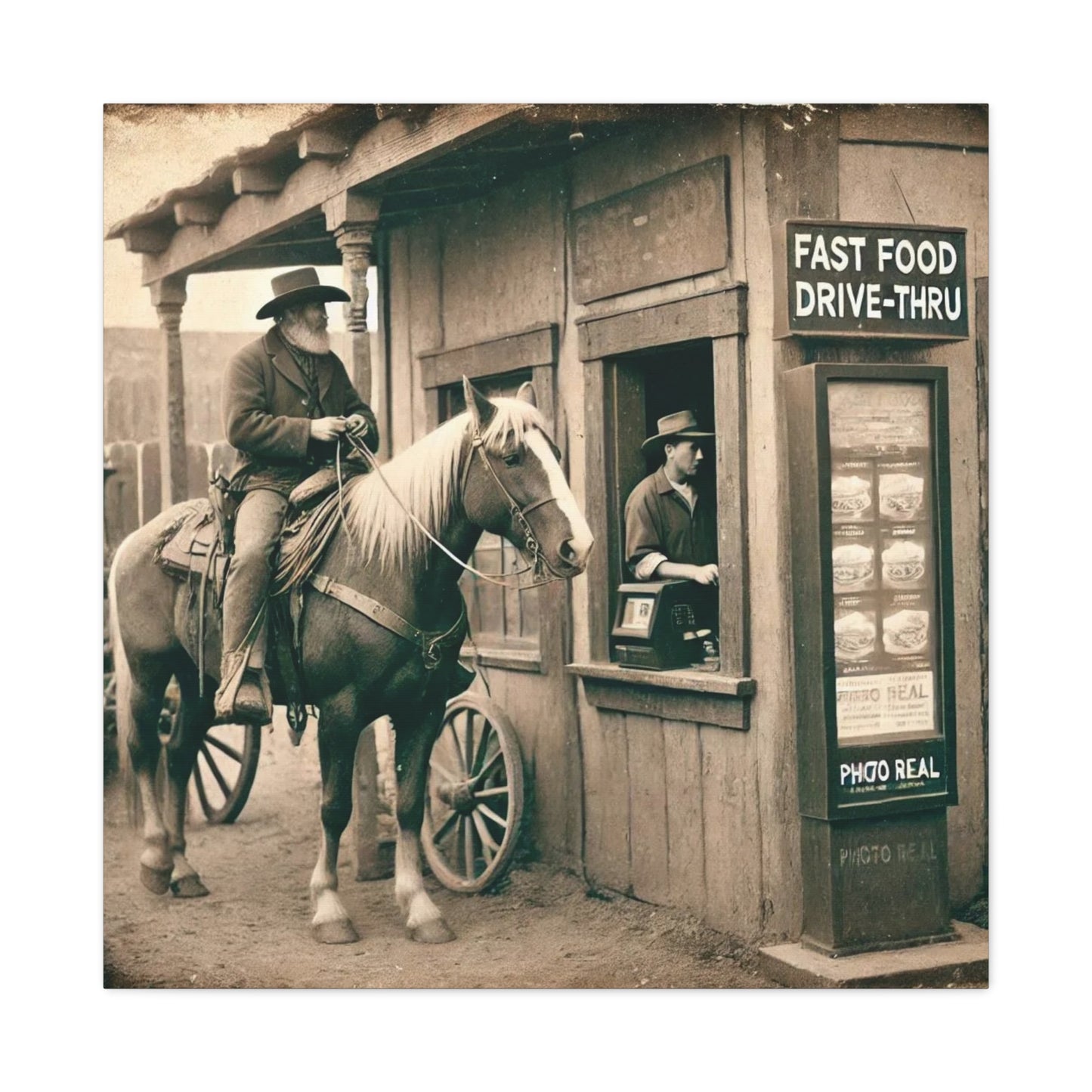 Old West Cowboy in Fast Food Drive Through Antique Art
