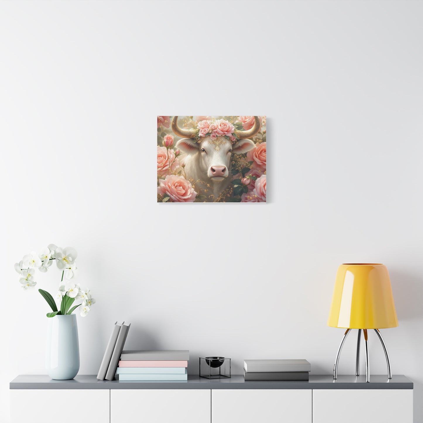 Canvas Print - Pink Rose Cow Picture