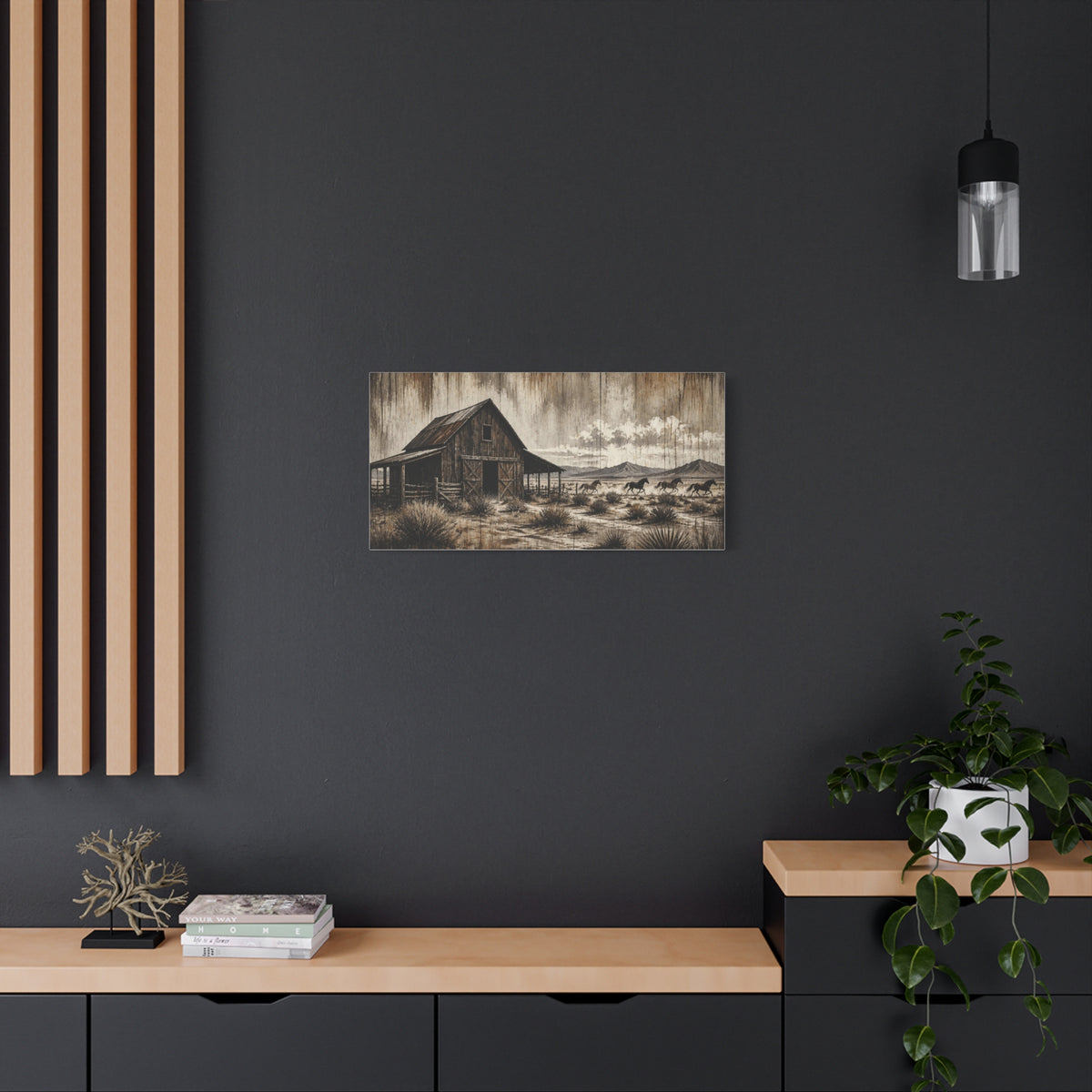 Rustic Western Barn Canvas Wall Art — Vintage Desert Horses Matte Stretched Canvas