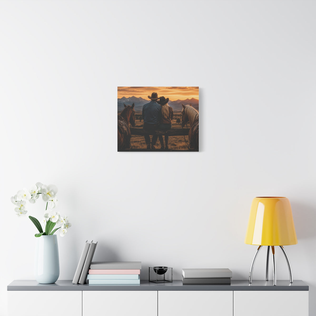 Western Cowboy Couple Sunset Canvas