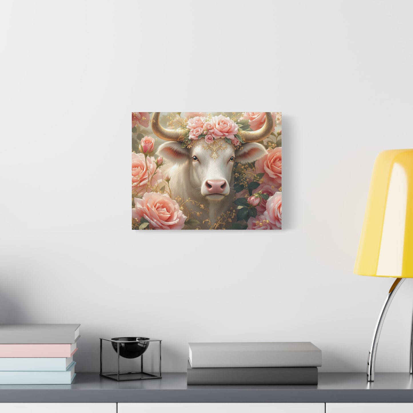 Canvas Print - Pink Rose Cow Picture