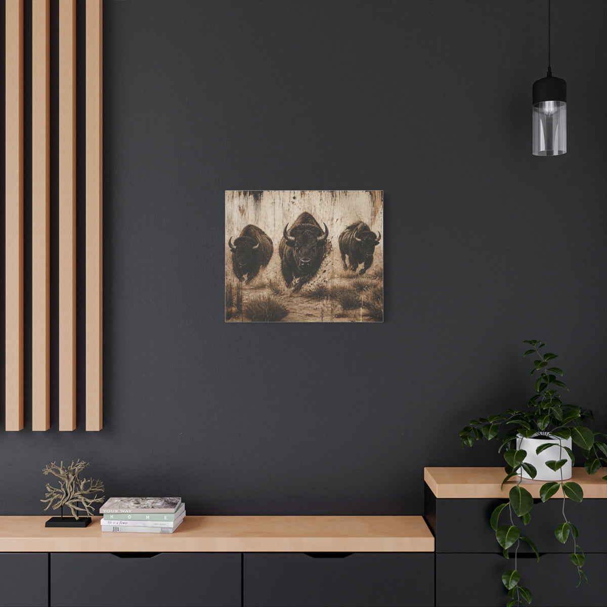 Running Bison Canvas Wall Art – Rustic Sepia Buffalo Trio Stretched Matte