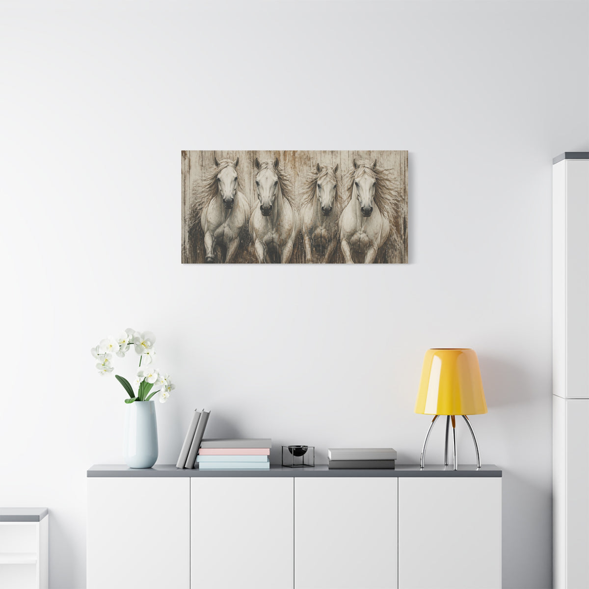White Running  Horses Matte Canvas Wall Art — Stretched 1.25"
