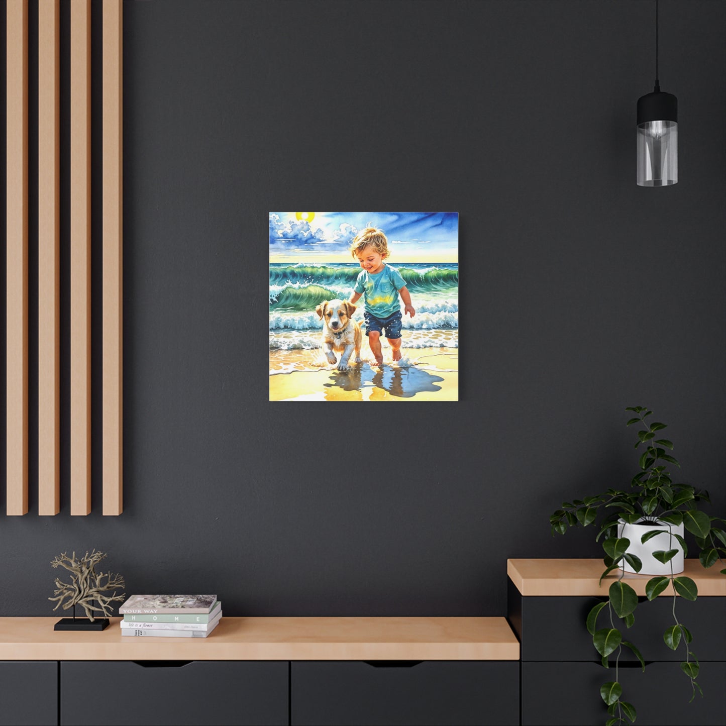 Little Boy at the Beach w his Dog Canvas Art - Children's Room Art