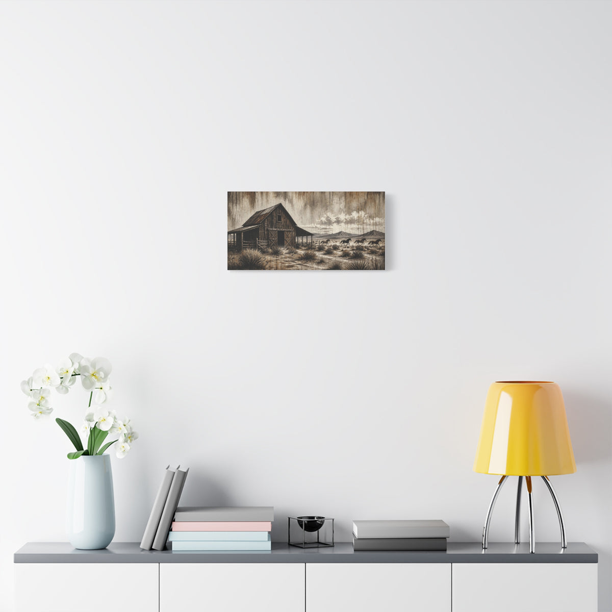 Rustic Western Barn Canvas Wall Art — Vintage Desert Horses Matte Stretched Canvas
