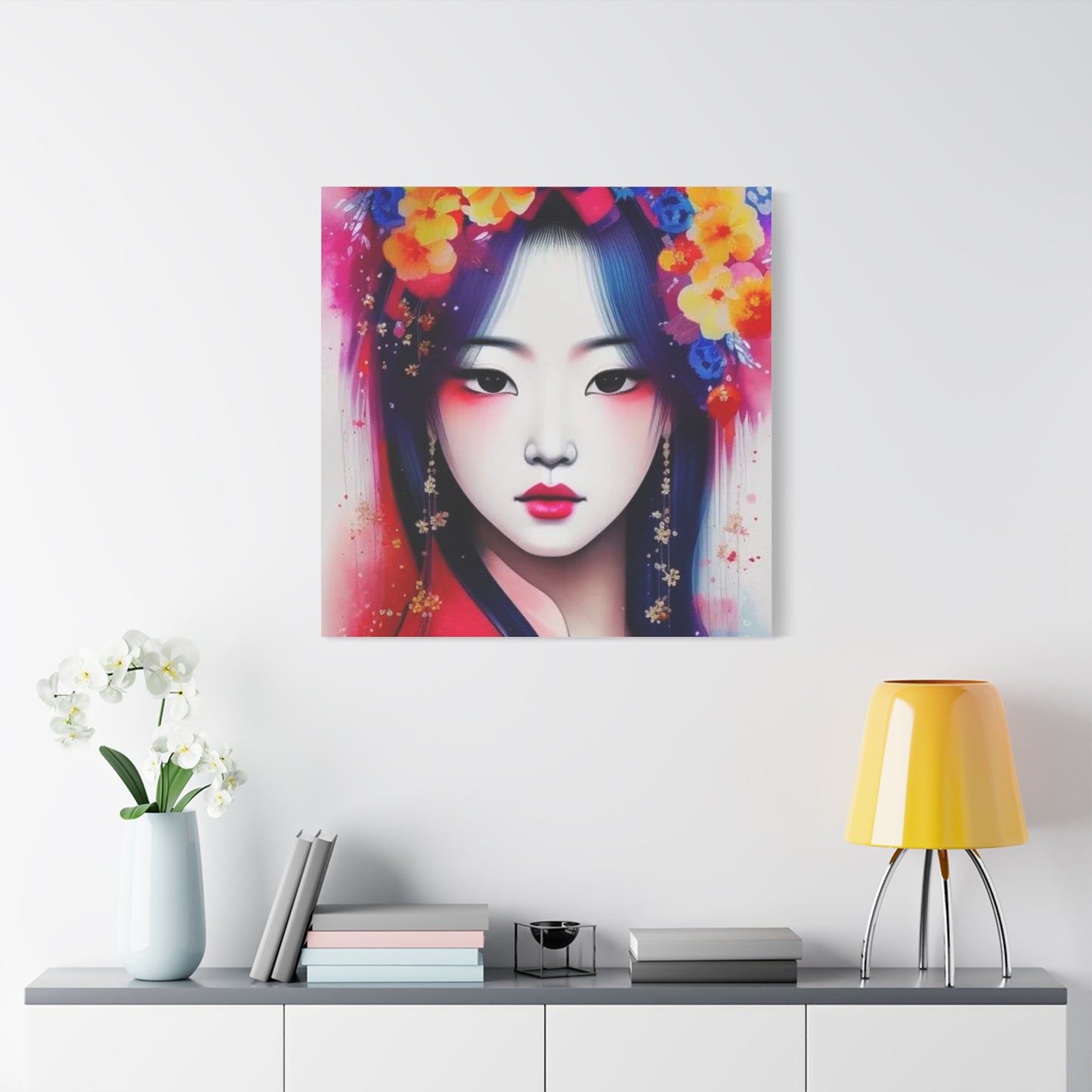 Lady w Flowers in Her Hair Asian Abstract Art