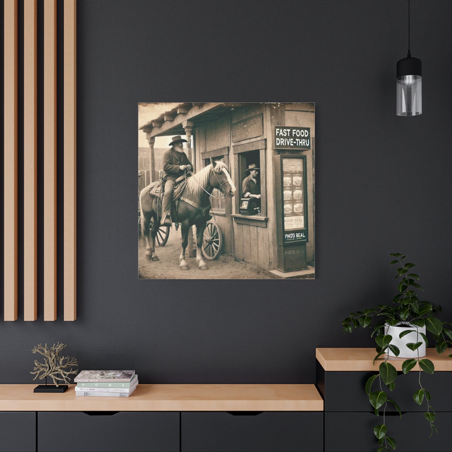 Old West Cowboy in Fast Food Drive Through Antique Art